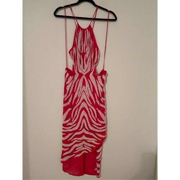 Haute Hippie Red Beaded Twist Back Side Cut Out Asymmetric Hem Dress NEW NWT - Picture 3 of 11